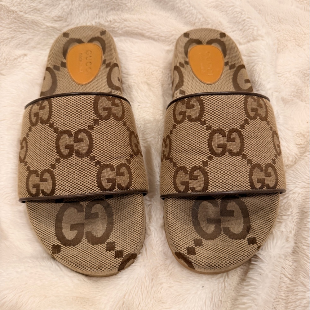 Gucci Beige Brown GG Canvas Slide Sandals